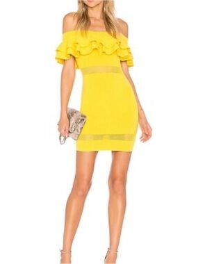 By the Way Revolve Yellow Ruggle Off the Shoulder Bodycon Mini Dress Sz. XS